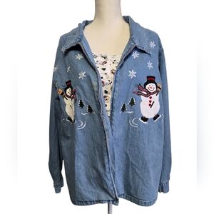 Vintage 1990s Y2K Fashion Bug denim snowman long sleeved top